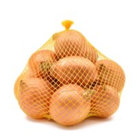 Onions,In,A,Net,Sack,,Isolated,On,White,Background