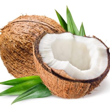 Coconut,With,Half,And,Leaves,On,White,Background